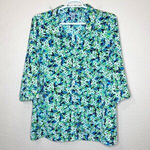 Green Floral Boho Chic Button Front Stretch Tunic Blouse Top Women 3X